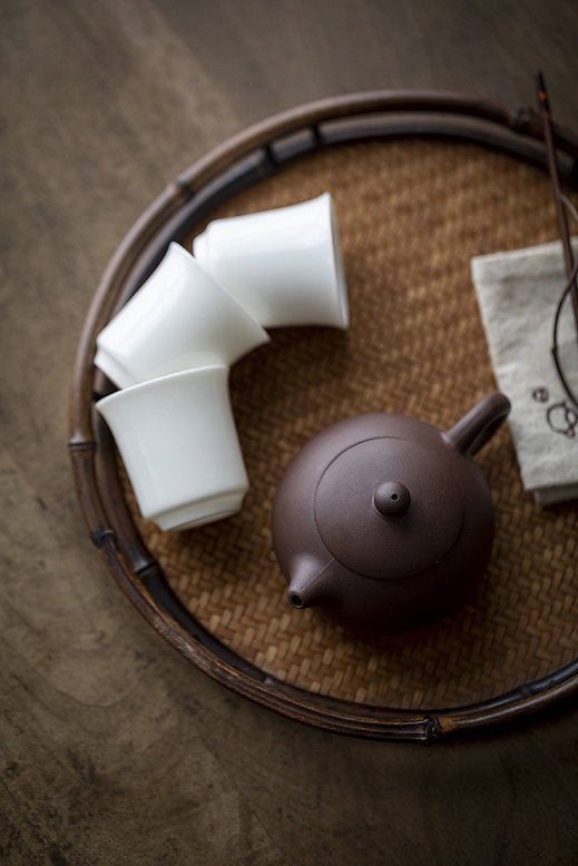 Purple terracotta teapot with 3 cups white porcelain